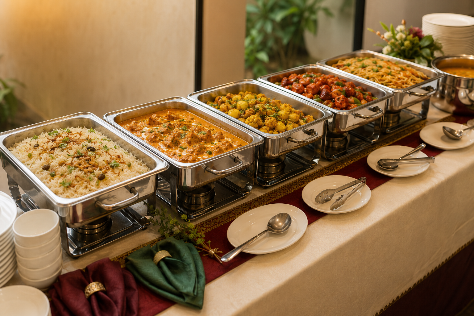 Elegant buffet with warmers and Bengali–Chinese dishes