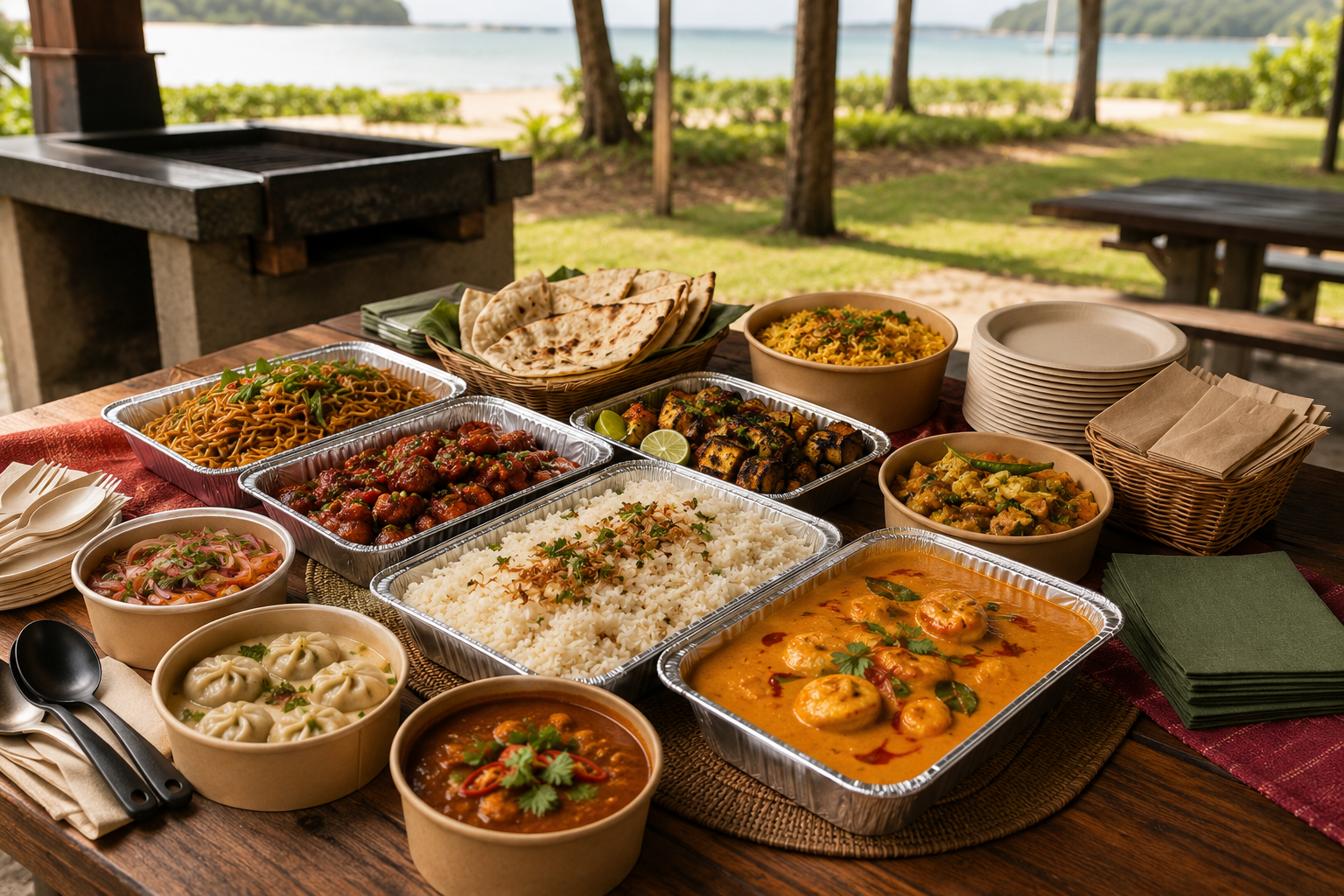 Family feast with food packs, plates and serving dishes