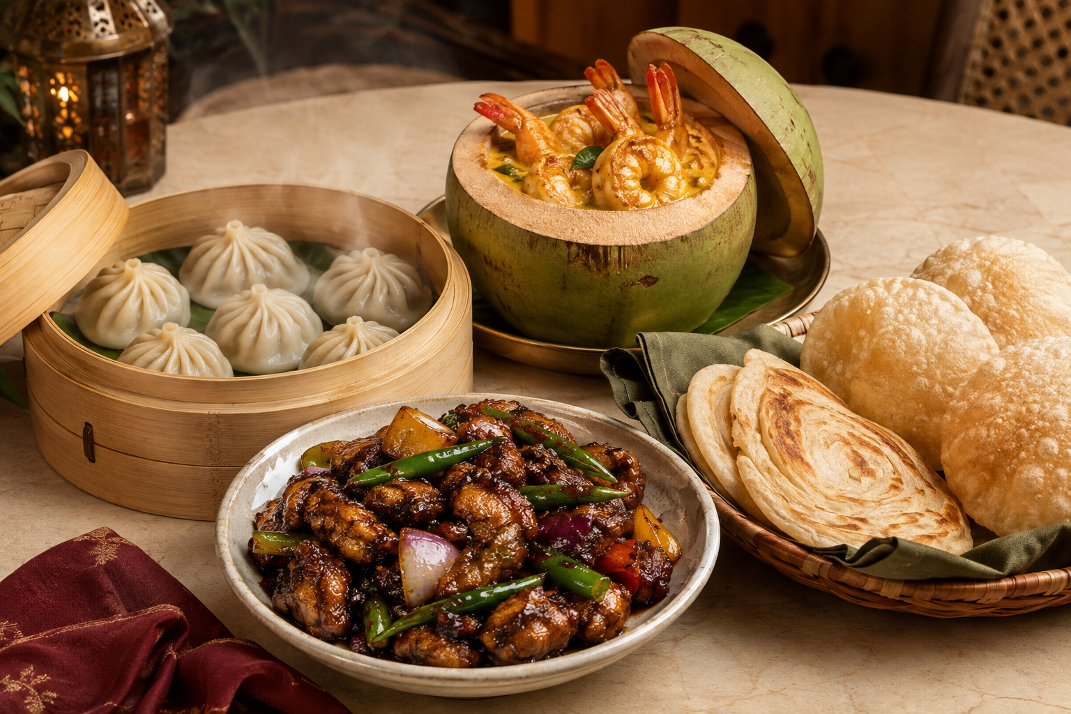 Momos and Chilli Chicken from TC with Daab Chingri and breads from KB
